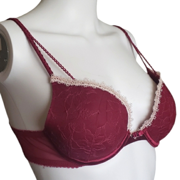 Felina Lingerie Women Burgundy Wine White Edge Floral Lace Print Bra Size 36A - Picture 2 of 13